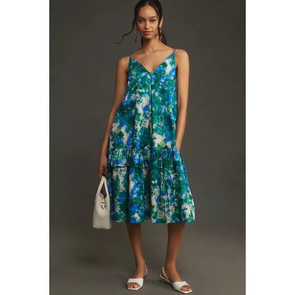 NWT Anthropologie Corey Lynn Calter V-Neck Ruffle Midi Dress XS $248 Blue Cotton